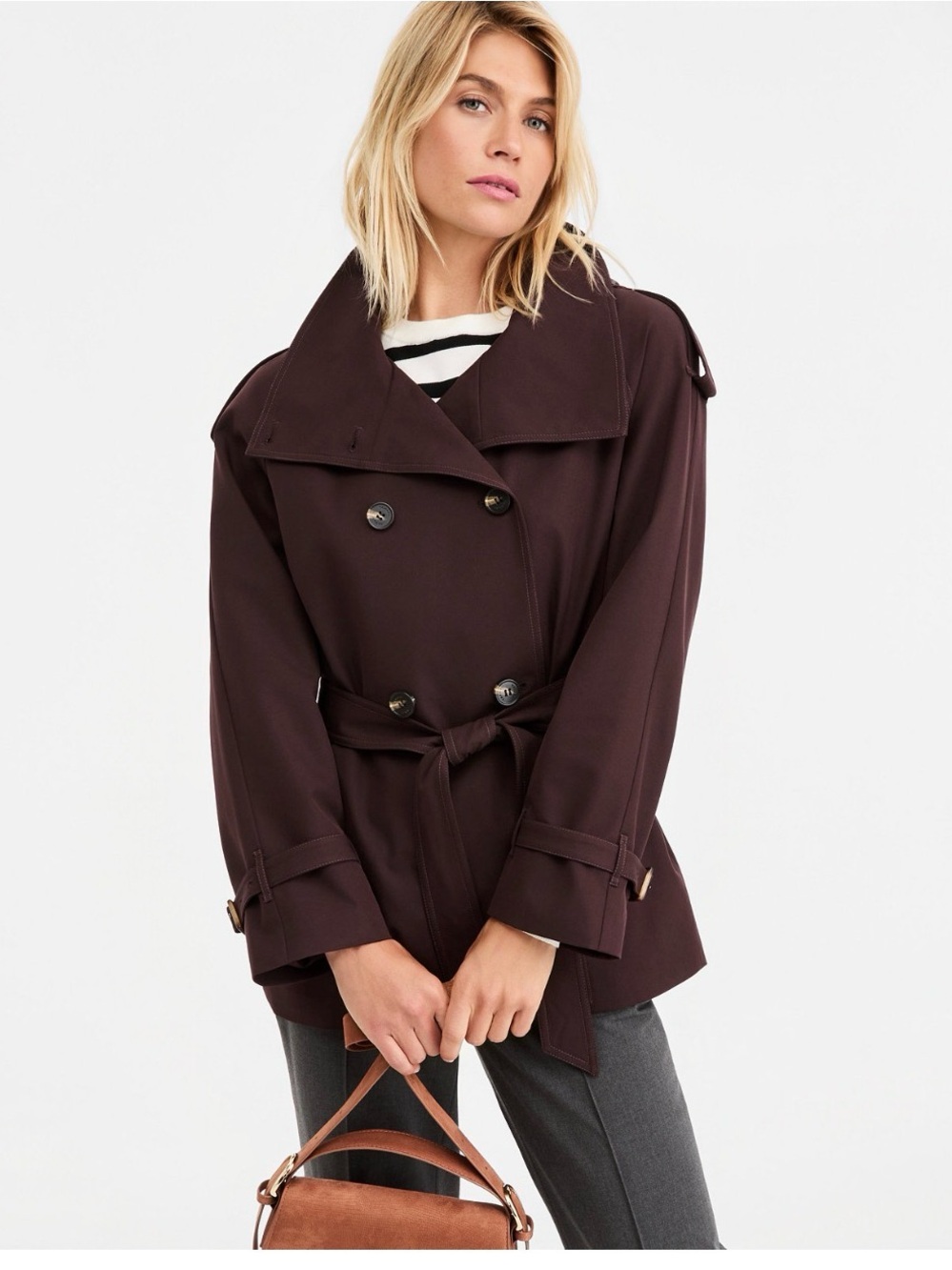 Tahari Double-Breasted Trench Coat in Dark Brown